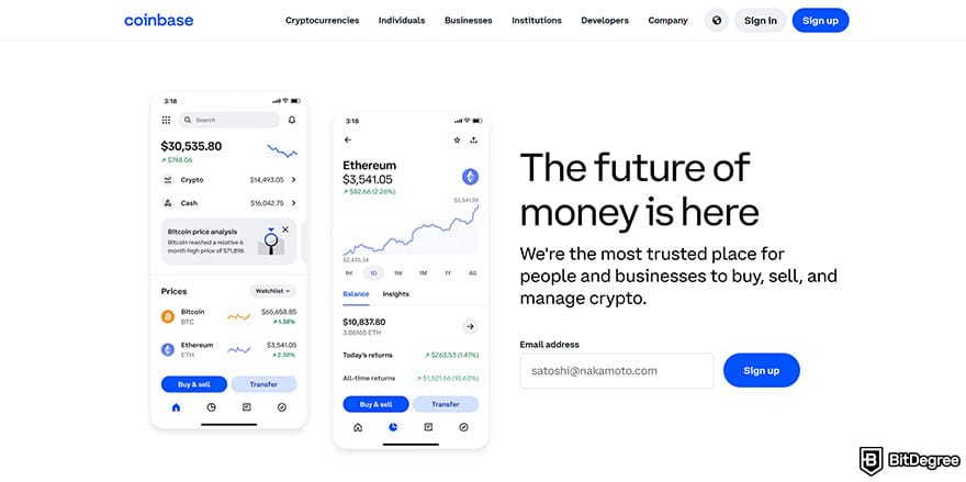 ChangeNOW review: the Coinbase homepage.