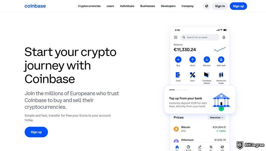 ChangeNOW review: the Coinbase homepage.