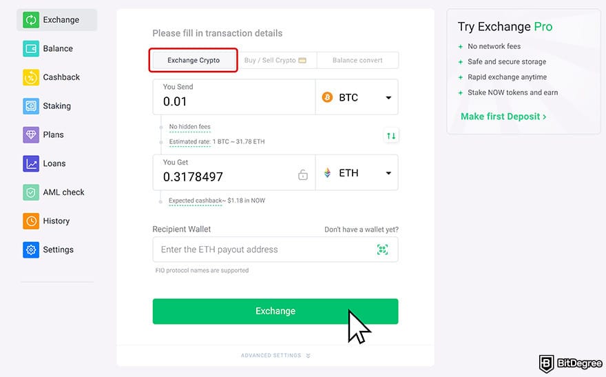 ChangeNOW review: exchanging crypto from the dashboard.