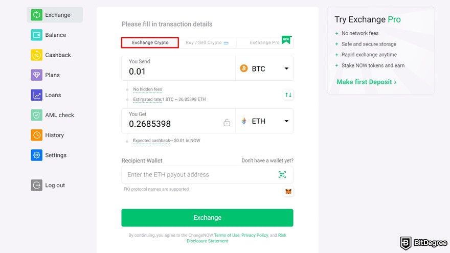 ChangeNOW review: exchanging crypto from the dashboard.