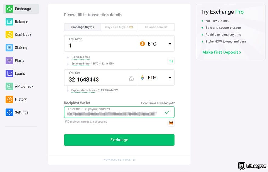 ChangeNOW review: the exchange feature on the dashboard.