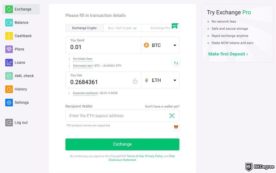 ChangeNOW review: the exchange feature on the dashboard.