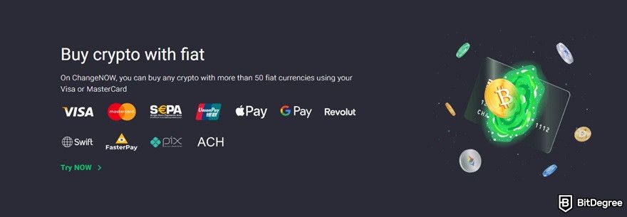 ChangeNOW review: Payment options available for fiat-to-crypto transactions.