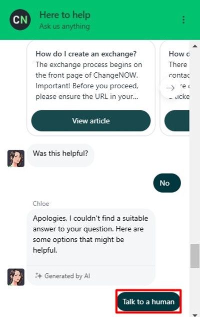 ChangeNOW review: an option to talk to a human agent.