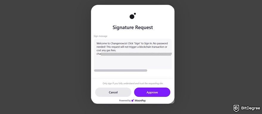 ChangeNow review: signature request on MoonPay.