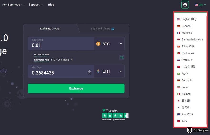 ChangeNOW review: the language options on the website.