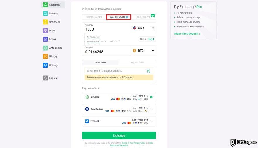 ChangeNOW review: buying or selling crypto with fiat.