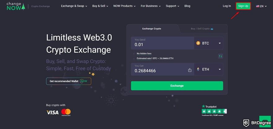 ChangeNOW review: signing up from the homepage.