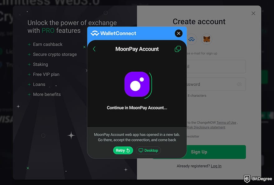 ChangeNow review: signing up using MoonPay.
