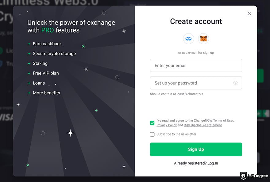 ChangeNOW review: the sign-up form.
