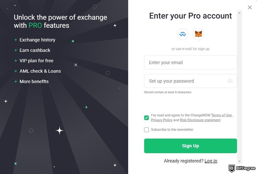 ChangeNOW review: the sign-up form.