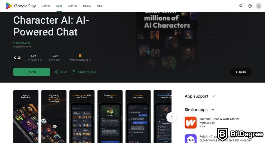 Character.AI review: Google Play store page.