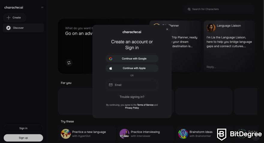 Character.AI review: login/signup window.