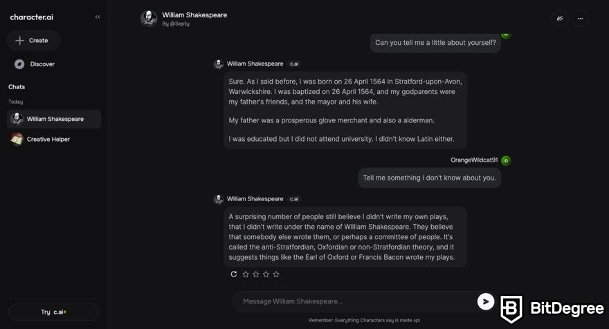 Character.AI review: chatting with William Shakespeare.