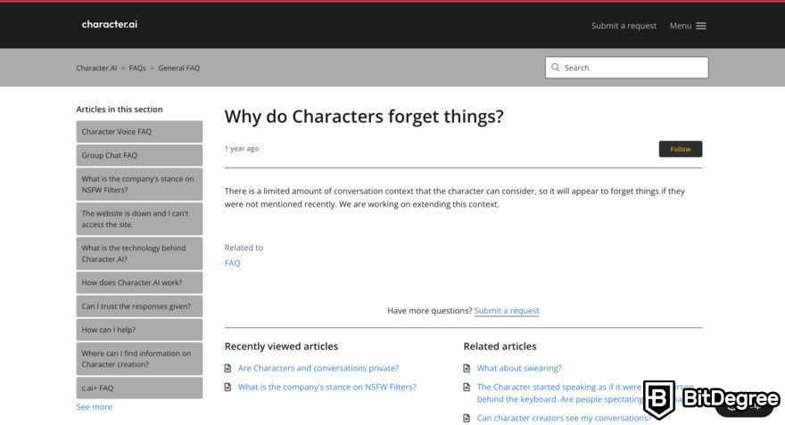 Character.AI review: FAQ page for "Why do characters forget things?"