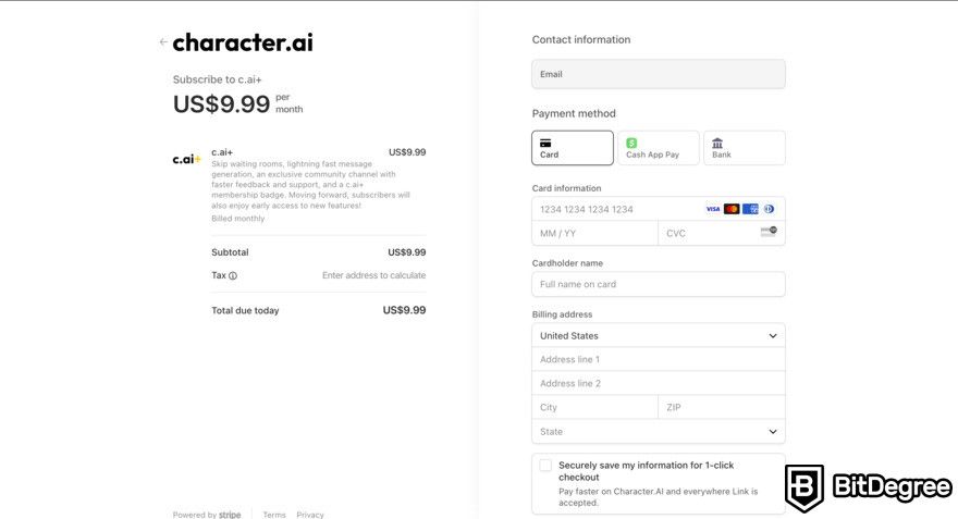 Character.AI review: premium subscription checkout page.