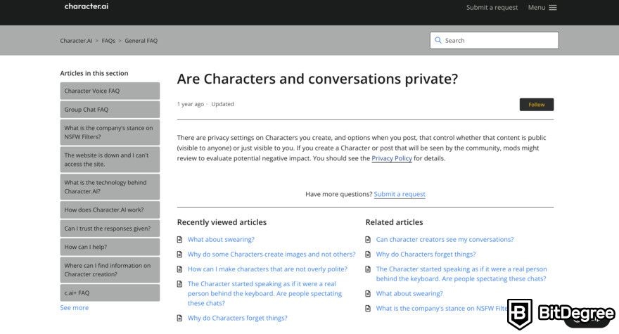 Character.AI review: FAQ page for "Are characters and conversations private?"