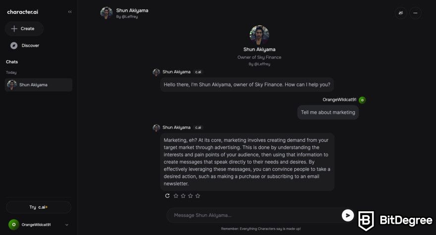 Character.AI review: chat about marketing.