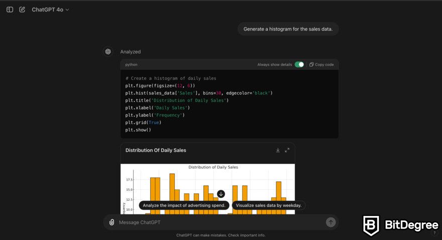 ChatGPT data analysis: code for histogram.