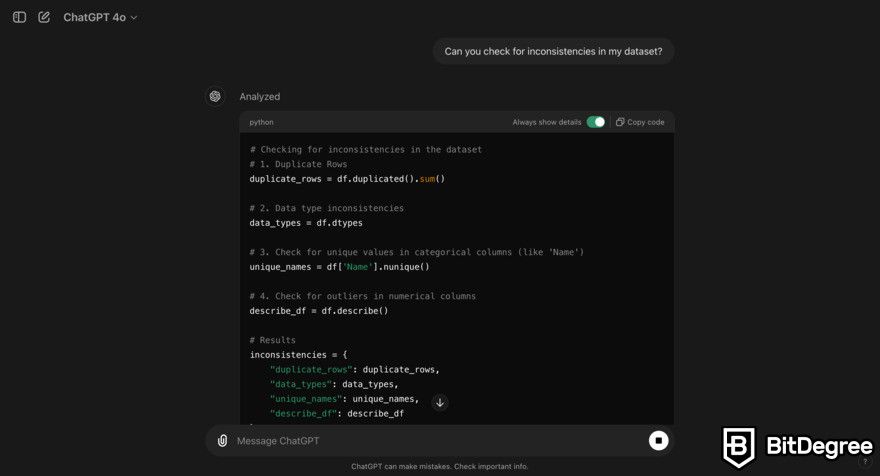 ChatGPT data analysis: prompt for checking inconsistencies.