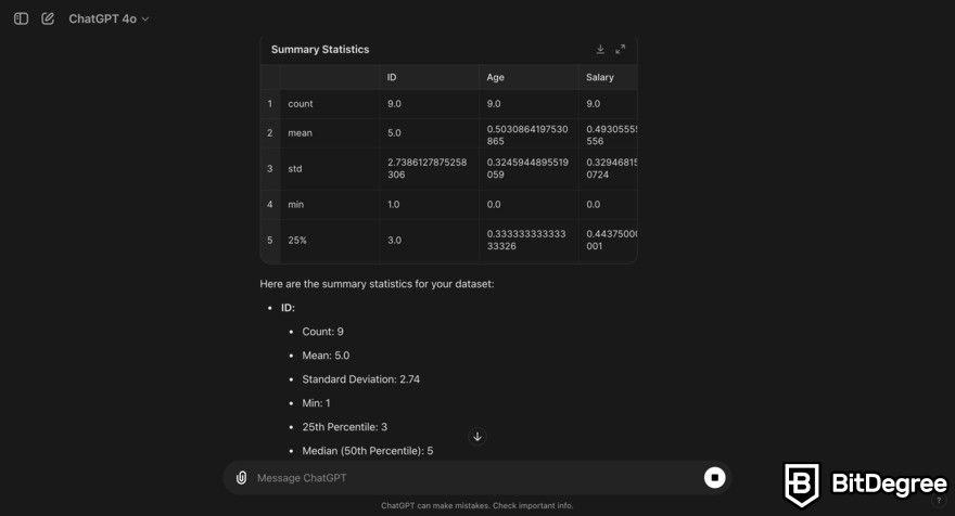 ChatGPT data analysis: prompt for summarizing statistics.