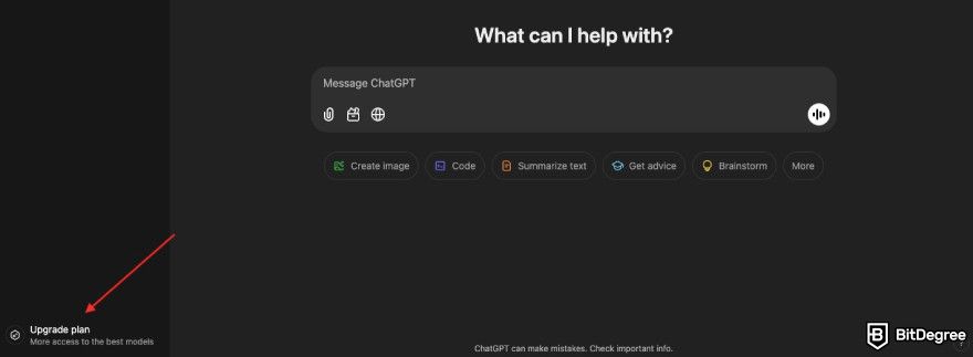 ChatGPT Plus discount: a red arrow pointing to the Upgrade plan button.