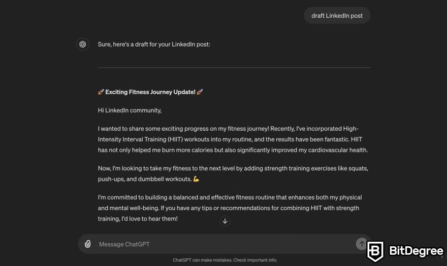 ChatGPT review: LinkedIn post draft.