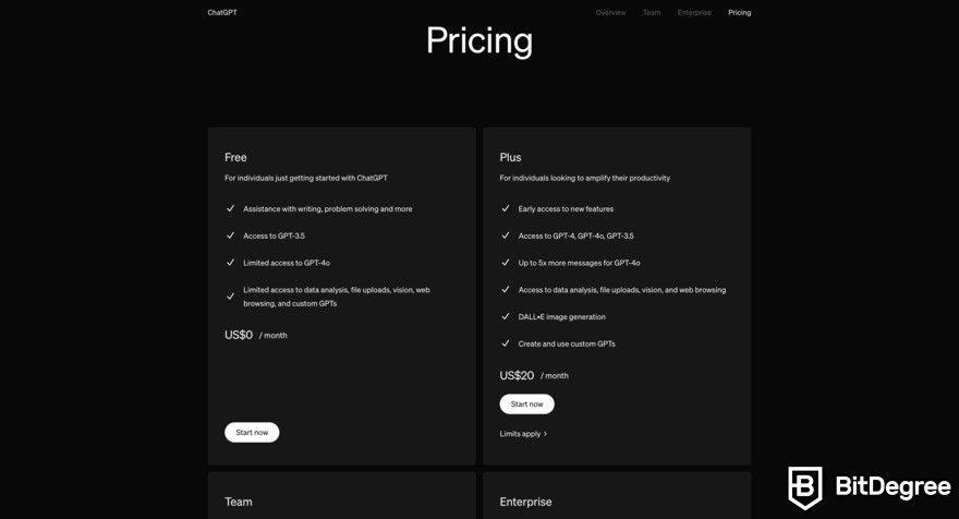 ChatGPT review: ChatGPT pricing page.