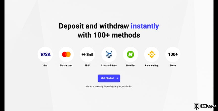 Best Bitcoin exchange: a screenshot of PrimeXBT payment options.