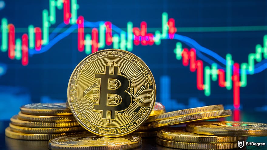 Cheapest Cryptocurrency Exchange: Bitcoins pile in front of candlestick chart.