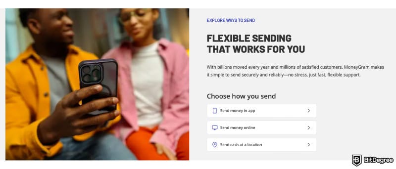Cheapest way to send money internationally: a screenshot of MoneyGram features.