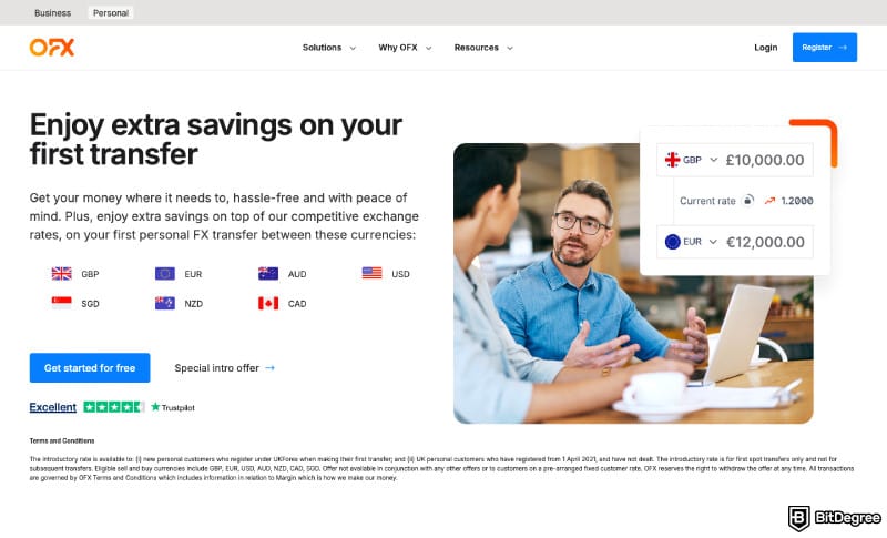 Cheapest way to send money internationally: a screenshot of OFX homepage.