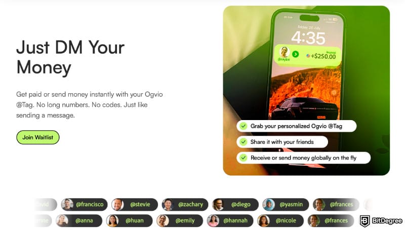 Cheapest way to send money internationally: a screenshot of Ogvio username tags.