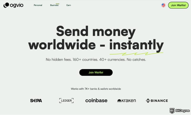 Cheapest way to send money internationally: a screenshot of Ogvio homepage.