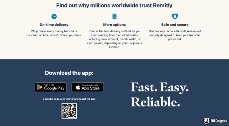 Cheapest way to send money internationally: a screenshot of Remitly's features.