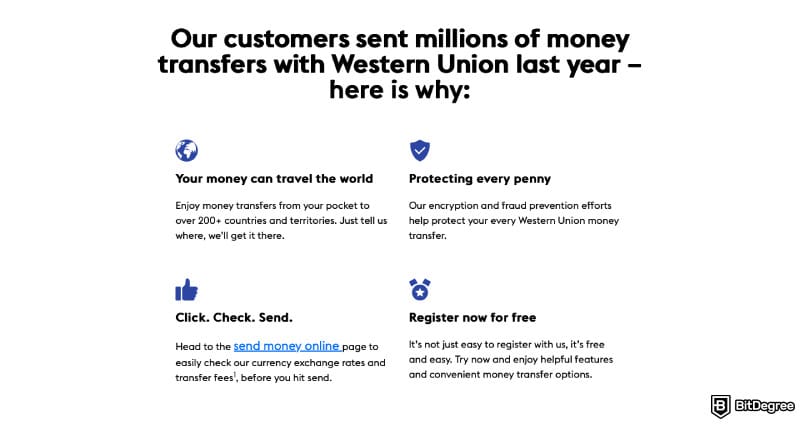 Cheapest way to send money internationally: a screenshot of Western Union features.