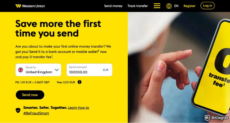 Cheapest way to send money internationally: a screenshot of Western Union homepage.