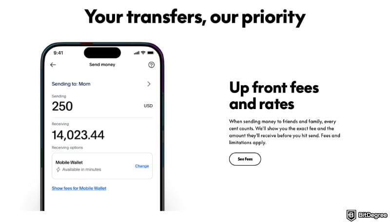 Cheapest way to send money internationally: a screenshot of Xoom's features.