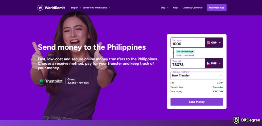 Layanan kirim uang ke Filipina paling murah: Halaman transfer WorldRemit menunjukkan £1,000 GBP yang dikirim dengan pengiriman hari yang sama ke PHP.