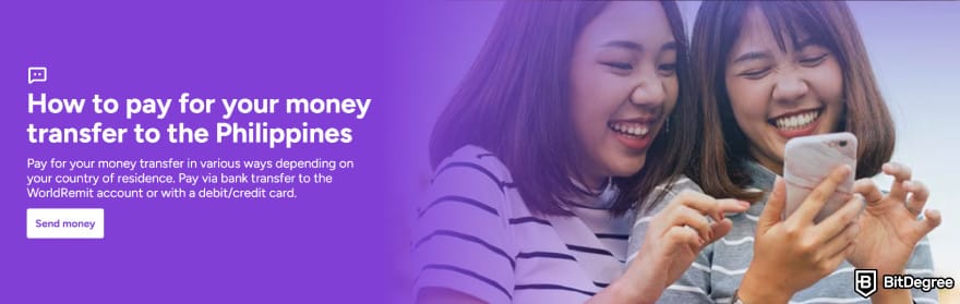 Cheapest way to send money to Philippines: two women smiling at phone with WorldRemit transfer payment options.