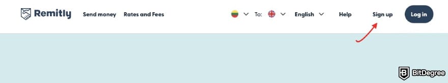 Cheapest way to send money to Philippines: a red arrow pointing to the [Sign up] button on Remitly's page.