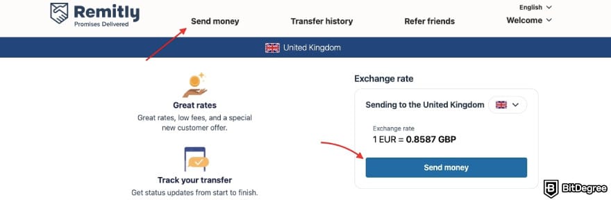 Cheapest way to send money to Philippines: a red arrow pointing to the [Send money] button on Remitly's page.