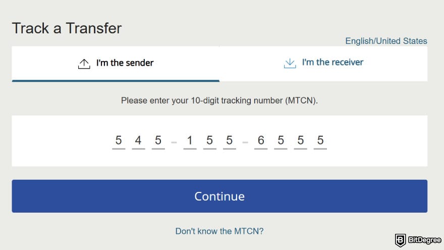 Cheapest way to send money to Philippines: Western Union transfer tracking page with MTCN input option for sender or receiver.