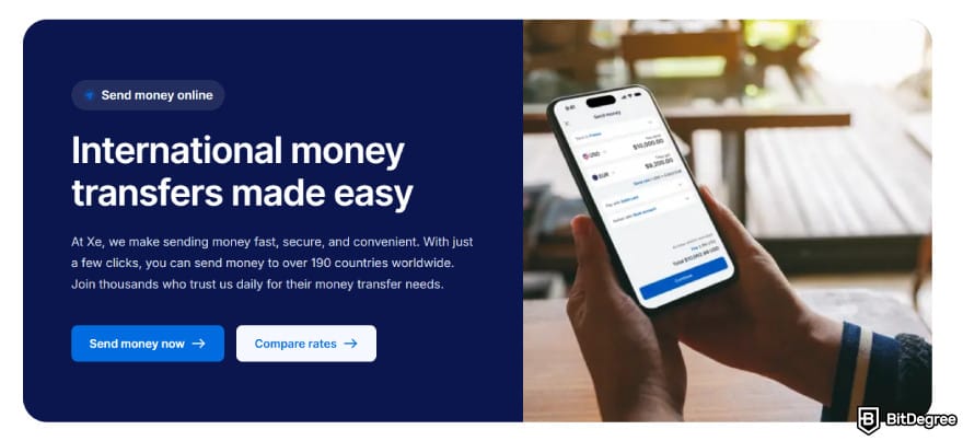 Layanan kirim uang ke Filipina paling murah: Layar aplikasi transfer internasional Xe dengan opsi untuk mengirim dan membandingkan tarif.