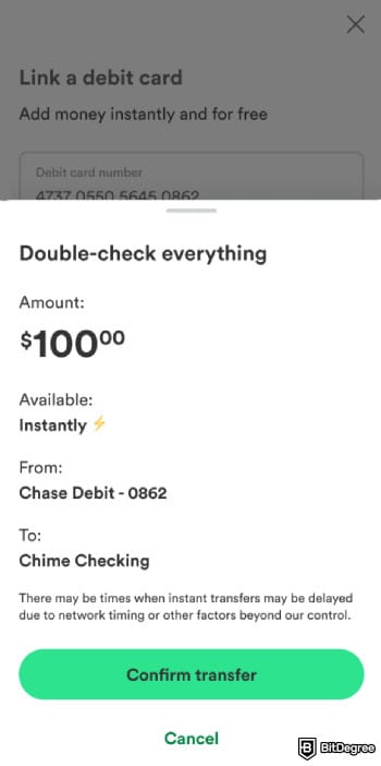 Chime review: Chime add money confirmation page.