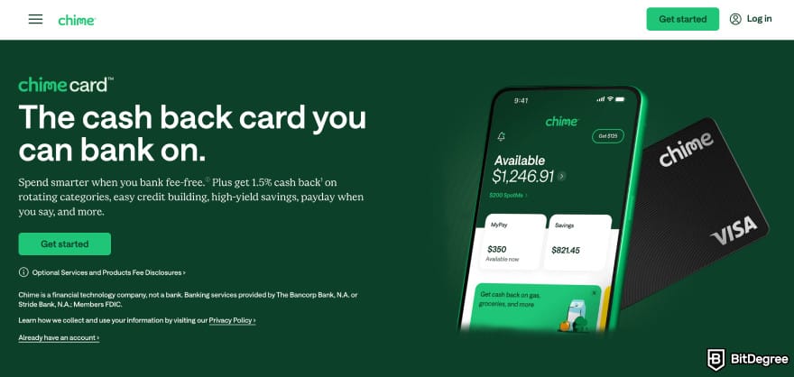 Chime review: Chime card homepage.