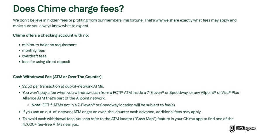 Chime review: Chime charge fees page.