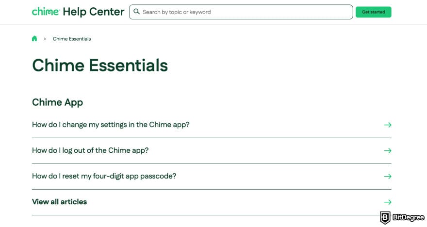 Chime review: Chime help center page.