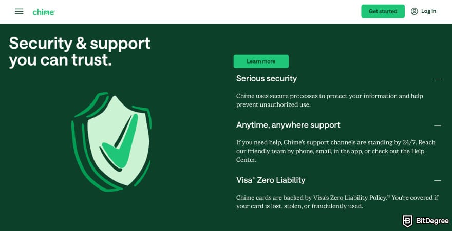 Chime review: Chime security page.