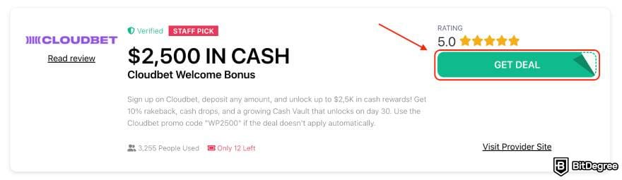 Cloudbet promo code: the [Get Deal] on a Cloudbet coupon.